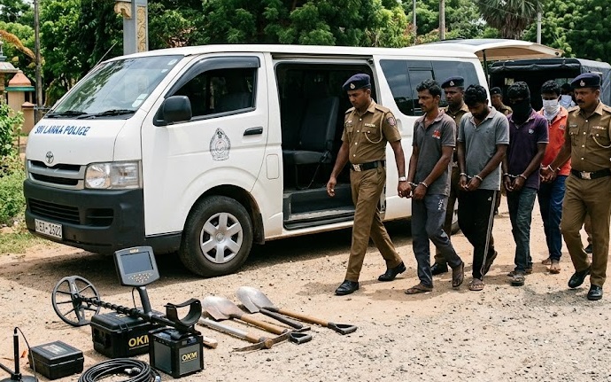 புதையல் தோண்டும் ஸ்கேன் இயந்திரத்துடன் வேனில் பயணித்த எட்டு சந்தேக நபர்களை திருகோணமலை, ஈச்சிலம்பற்று பொலிஸார் கைது செய்துள்ளனர். ai image