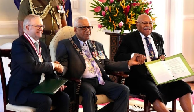 Anthony Albanese signed the Ocean of Peace treaty with Fiji's President Ratu Naiqama Tawakecolati Lalabalavu and Sitiveni Rabuka.